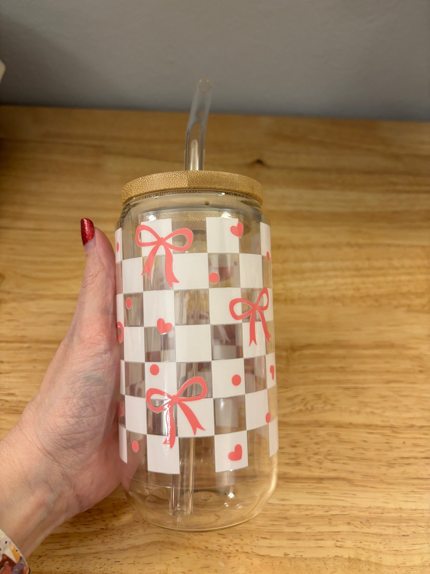 White Checkered Bows Glass Tumbler, Clear or Frosted Tumblers option