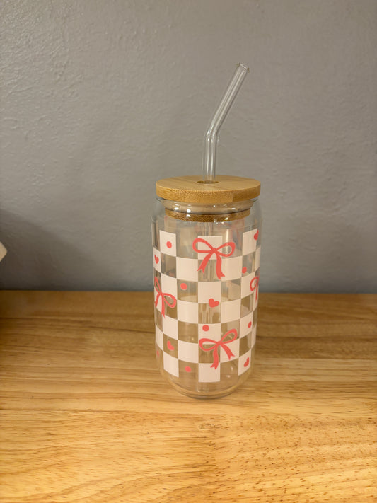 White Checkered Bows Glass Tumbler, Clear or Frosted Tumblers option