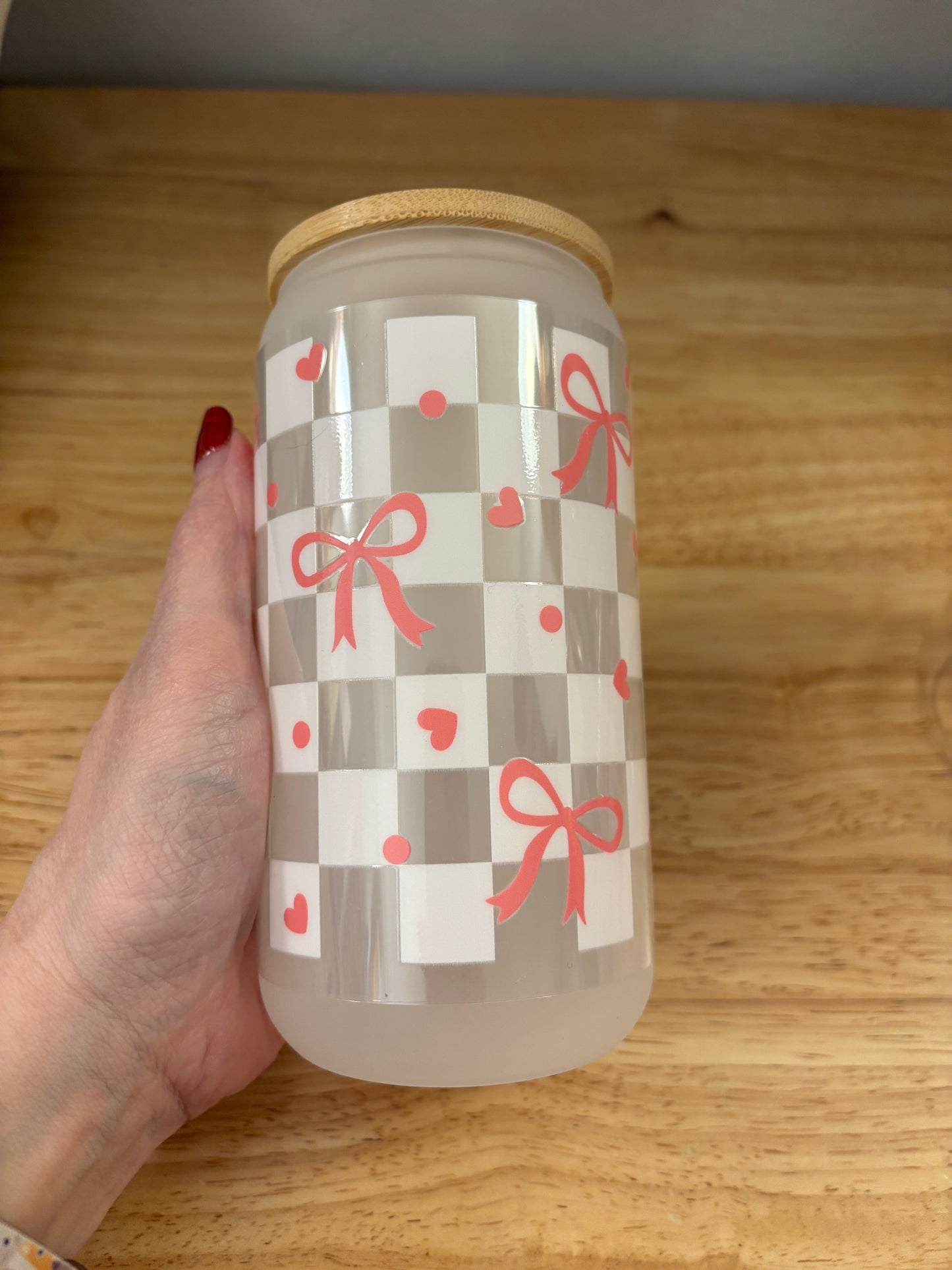 White Checkered Bows Glass Tumbler, Clear or Frosted Tumblers option