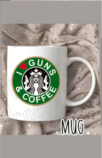Bundle I love Guns and Coffee Starbs Tshirt mug totebag and sticker Gift wrapping available