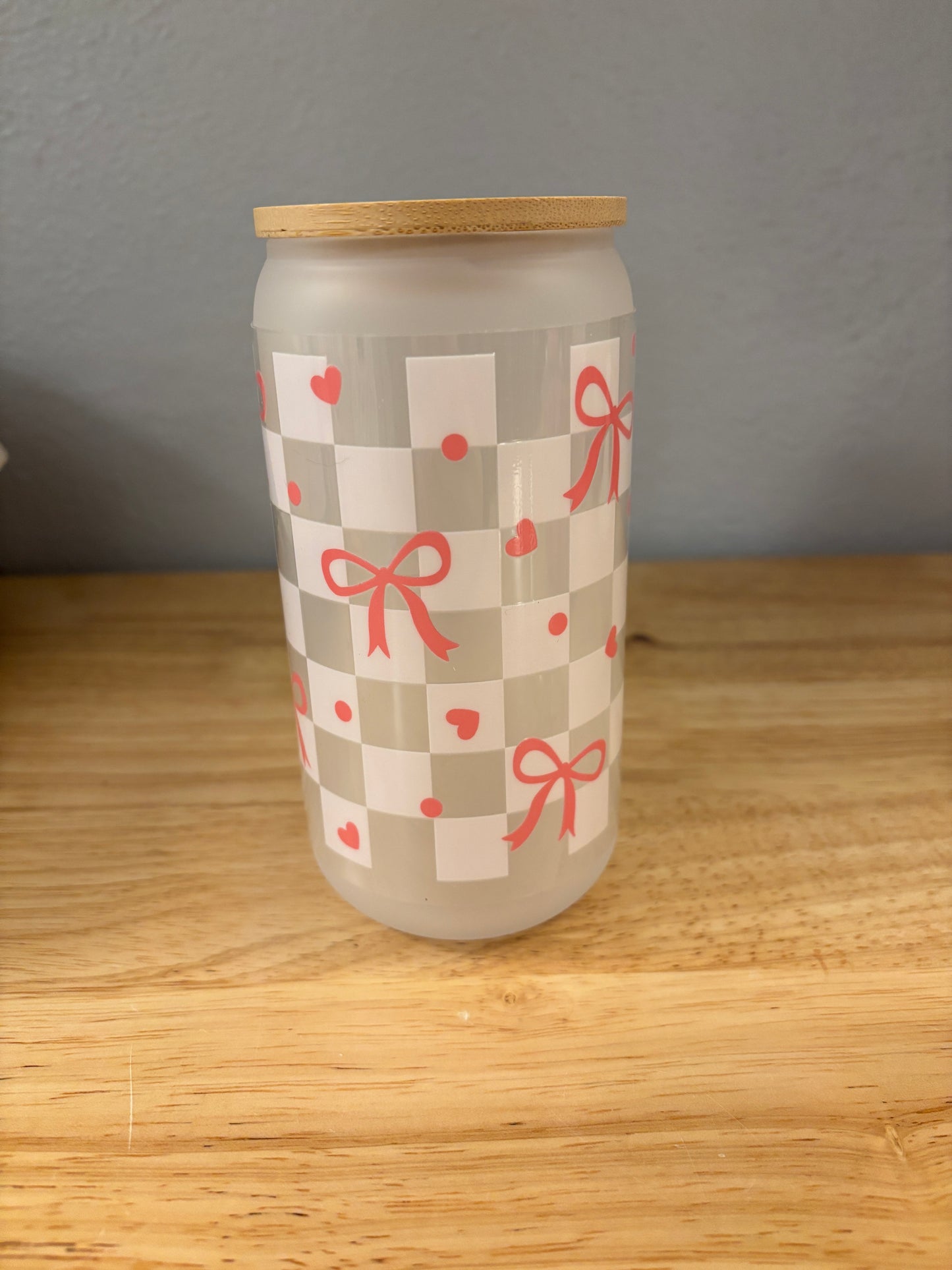 White Checkered Bows Glass Tumbler, Clear or Frosted Tumblers option