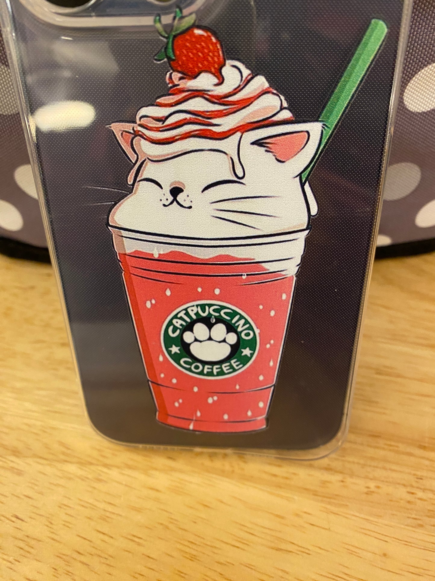 Strawberry Catpuccino Coffee bundle set, Cat Gift Set, Cat Mug with iPhone 14 case and fridge magnet with matching sticker set, Cat Bundle