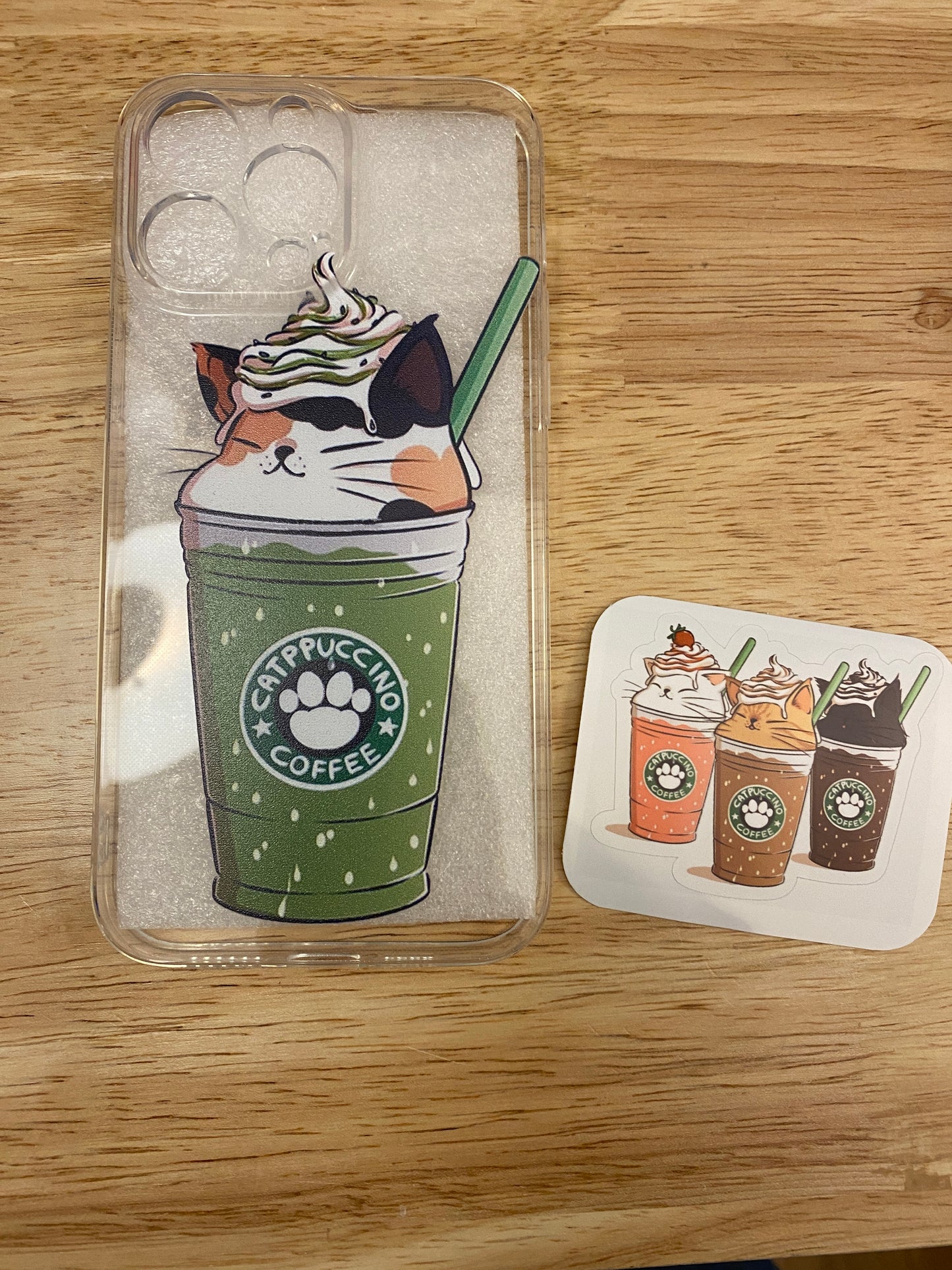 Matcha Catpuccino Coffee bundle set, Cat Gift Set, Cat Mug with iPhone 14 case and fridge magnet with matching sticker set, Cat Bundle set