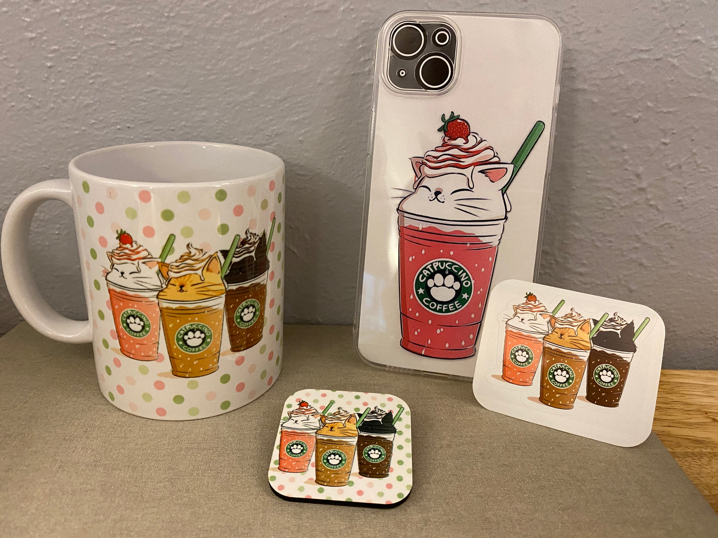 Strawberry Catpuccino Coffee bundle set, Cat Gift Set, Cat Mug with iPhone 14 case and fridge magnet with matching sticker set, Cat Bundle