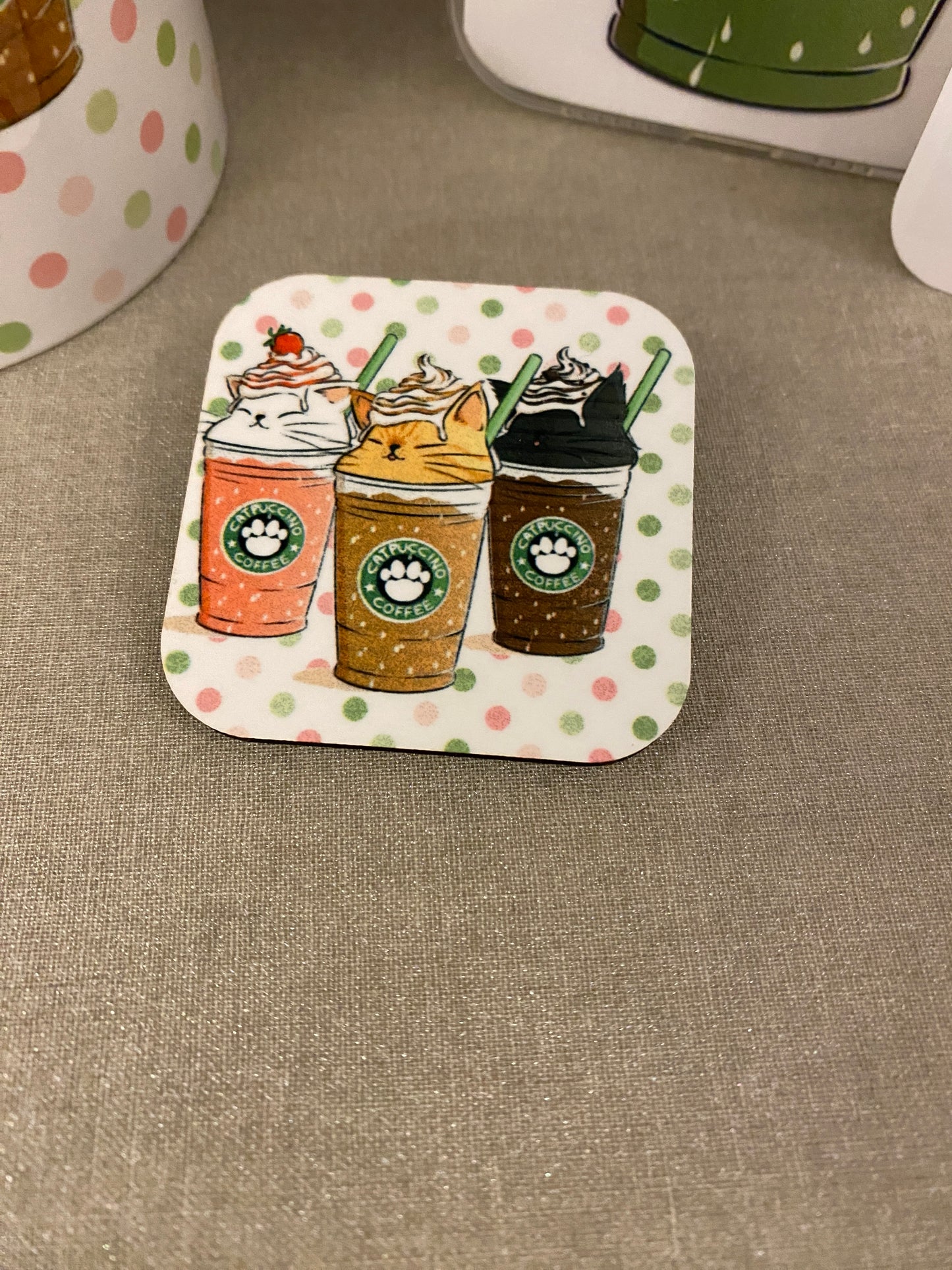 Strawberry Catpuccino Coffee bundle set, Cat Gift Set, Cat Mug with iPhone 14 case and fridge magnet with matching sticker set, Cat Bundle