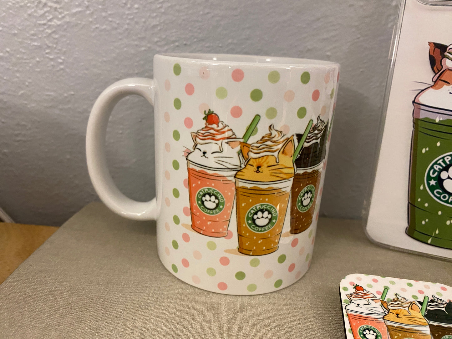 Matcha Catpuccino Coffee bundle set, Cat Gift Set, Cat Mug with iPhone 14 case and fridge magnet with matching sticker set, Cat Bundle set