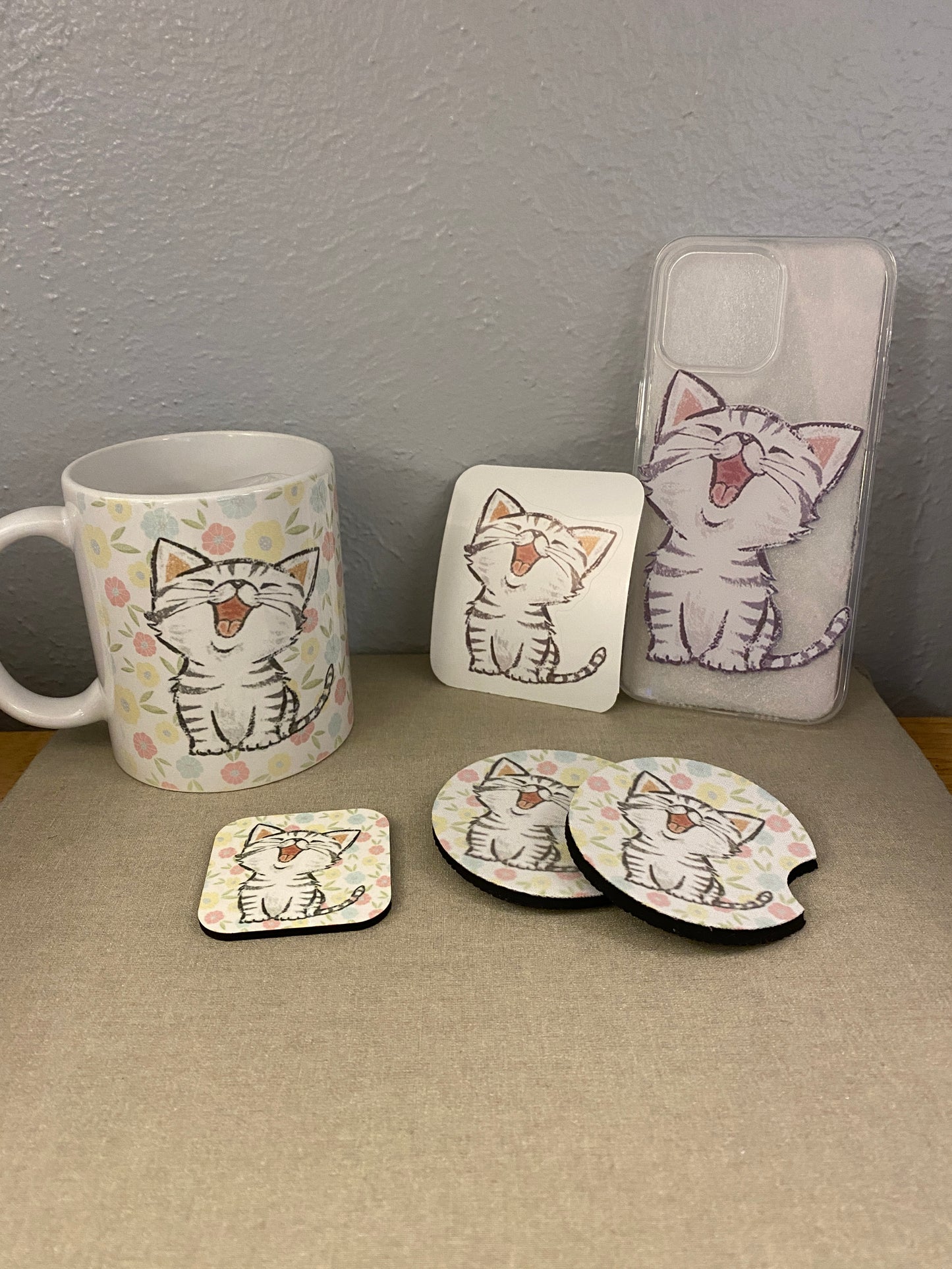 Singing Cat bundle set, Tabby Cat Gift Set, Cat Mug with iPhone 14 case and fridge magnet with matching sticker set, Cat Bundle set