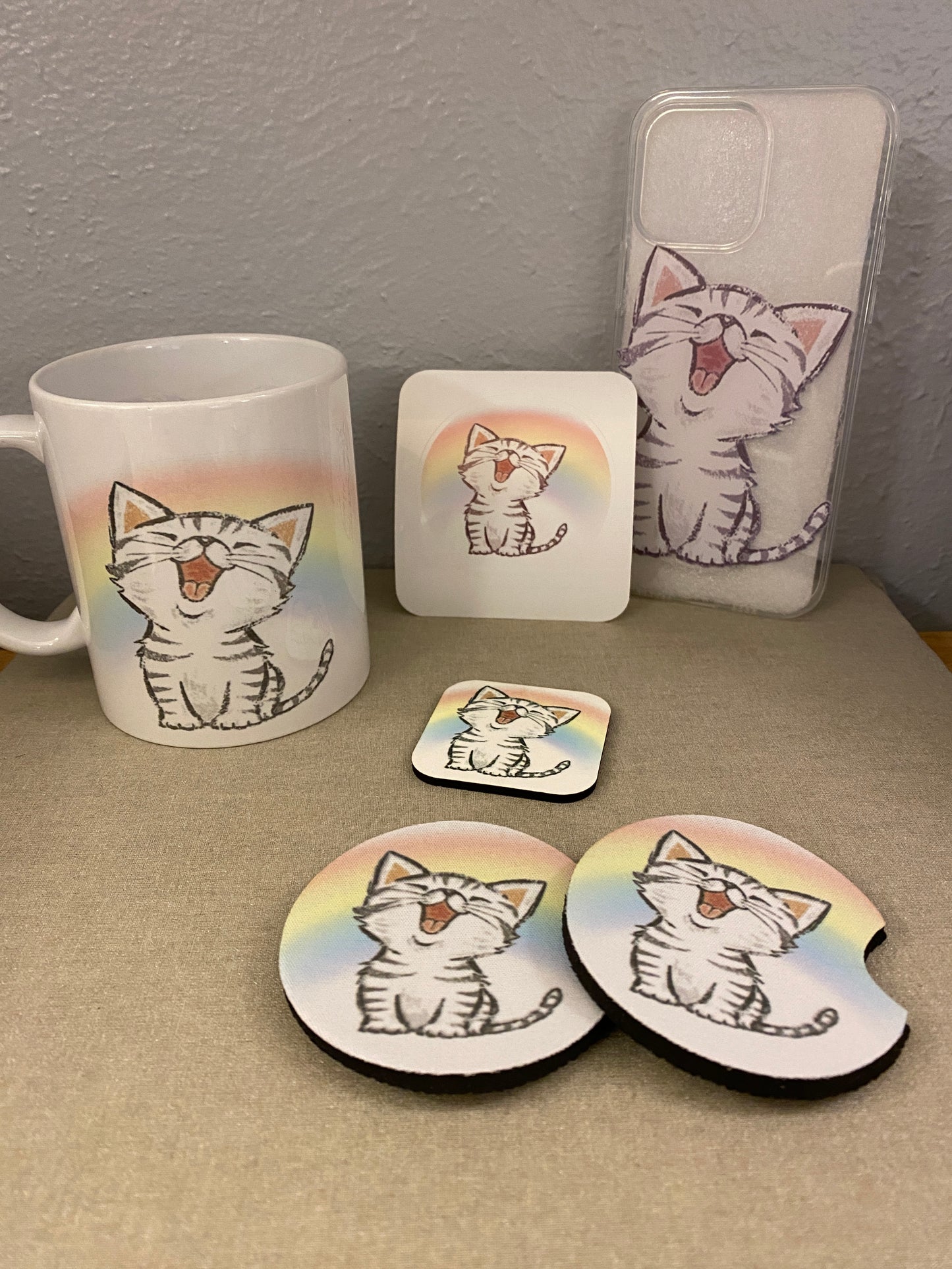 Rainbow Singing Cat mug Bundle set, Rainbow Tabby Cat Gift Set, Cat Mug with iPhone 14 case and fridge magnet with matching sticker set, Cat Bundle set