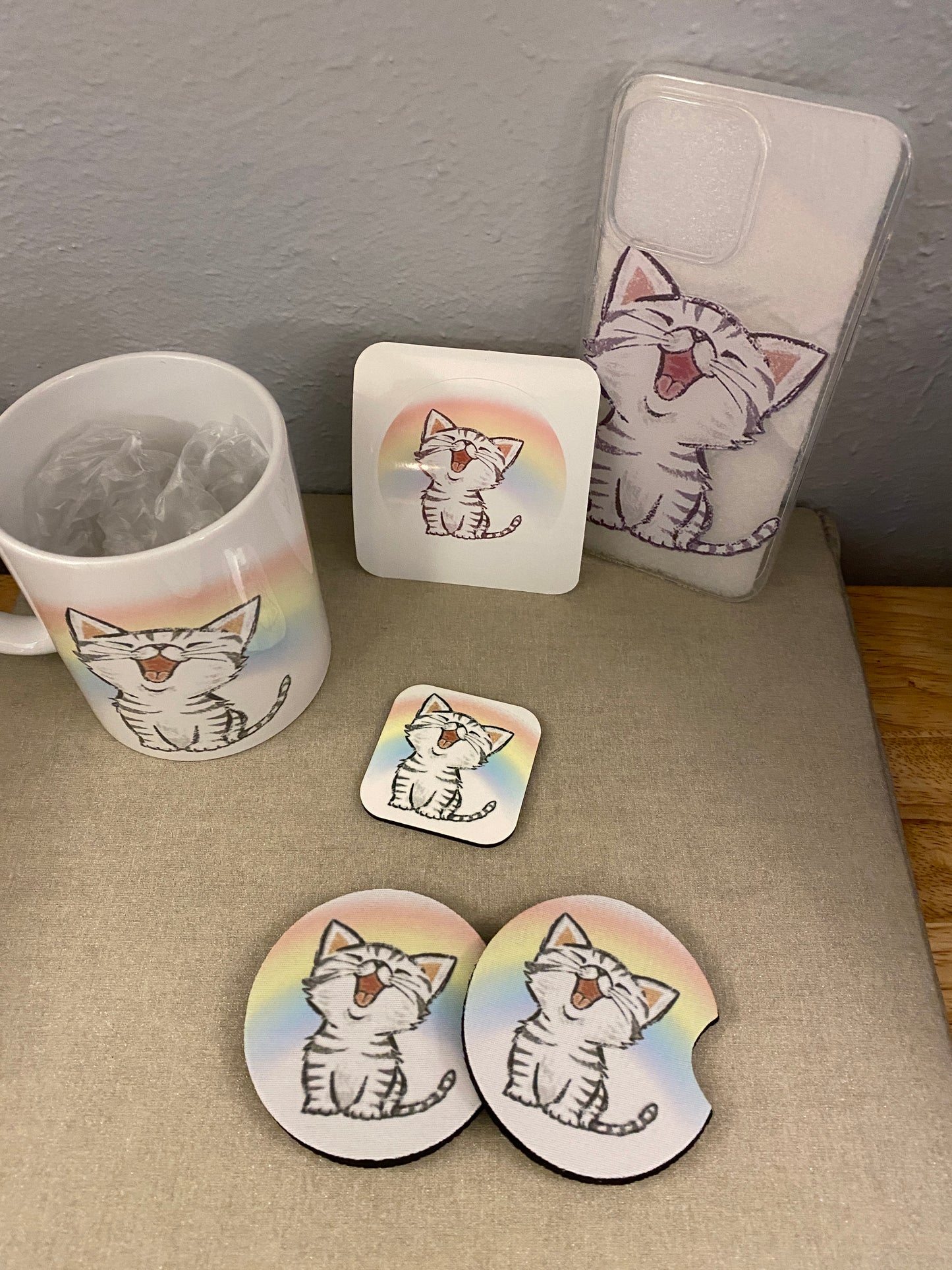 Rainbow Singing Cat mug Bundle set, Rainbow Tabby Cat Gift Set, Cat Mug with iPhone 14 case and fridge magnet with matching sticker set, Cat Bundle set