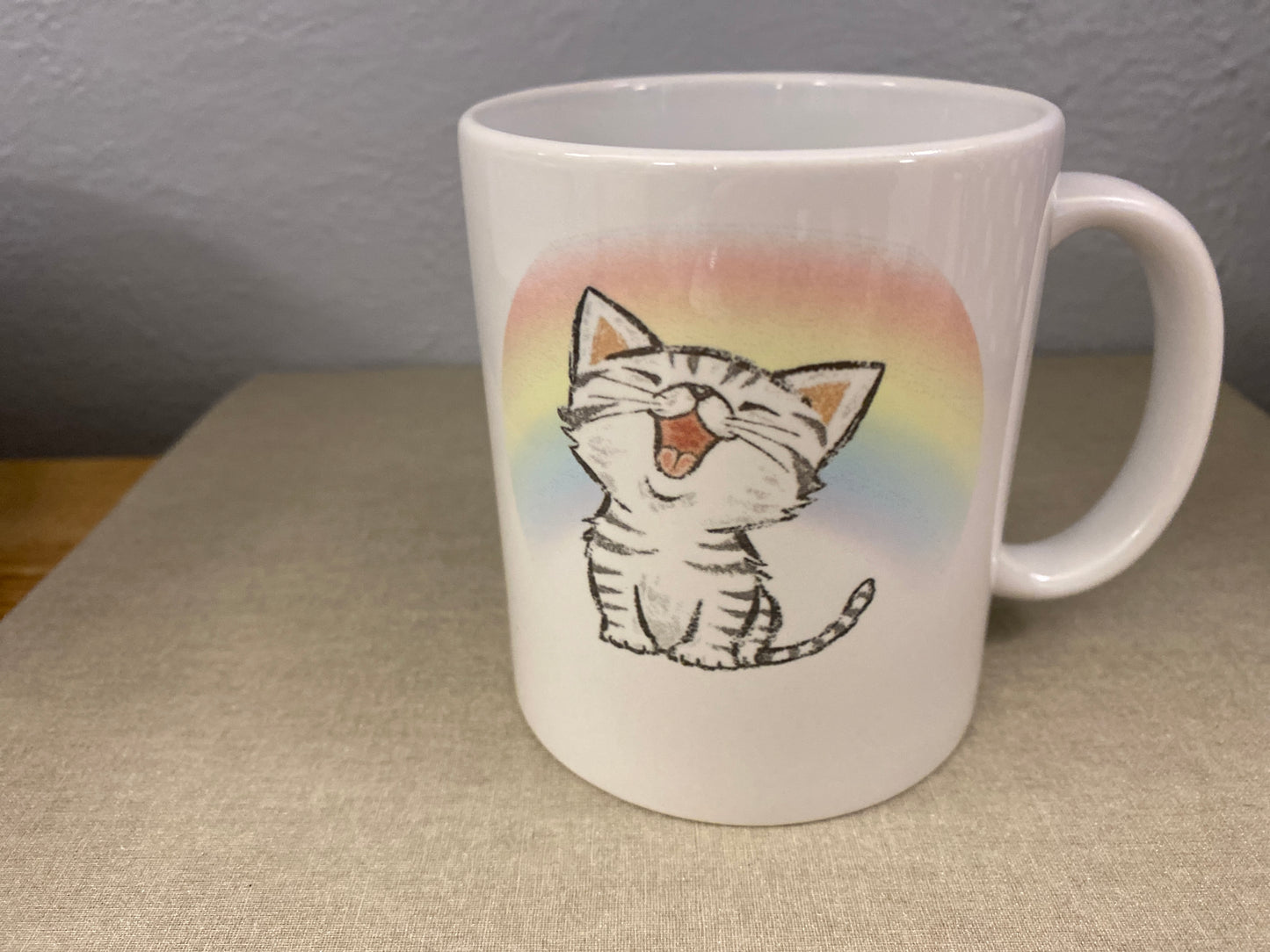 Circle Rainbow Singing Cat mug, custom coffee mug, Cat Mug, coffee lovers mug, Grey Tabby Mug, custom mug, Tabby Cat Mug