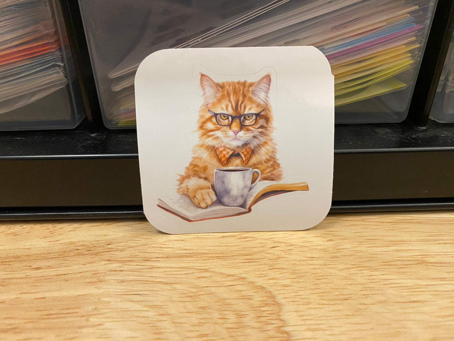 Cat reading and Coffee Sticker, Red Cat Sticker, Cute Cat with Paper Sticker, Yellow Cat Sticker, cat sticker, Funny Cat sticker