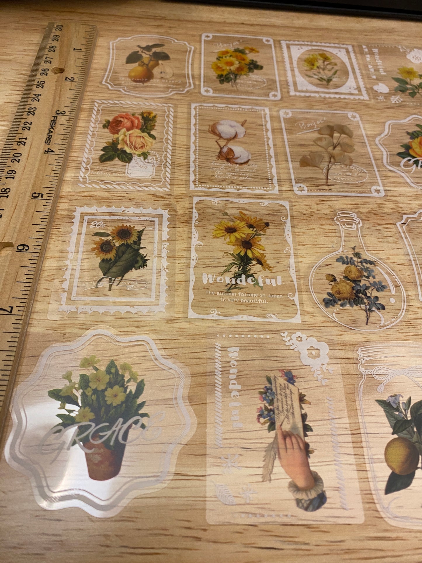 20 piece PET Clear Yellow Flowers Stamp Stickers