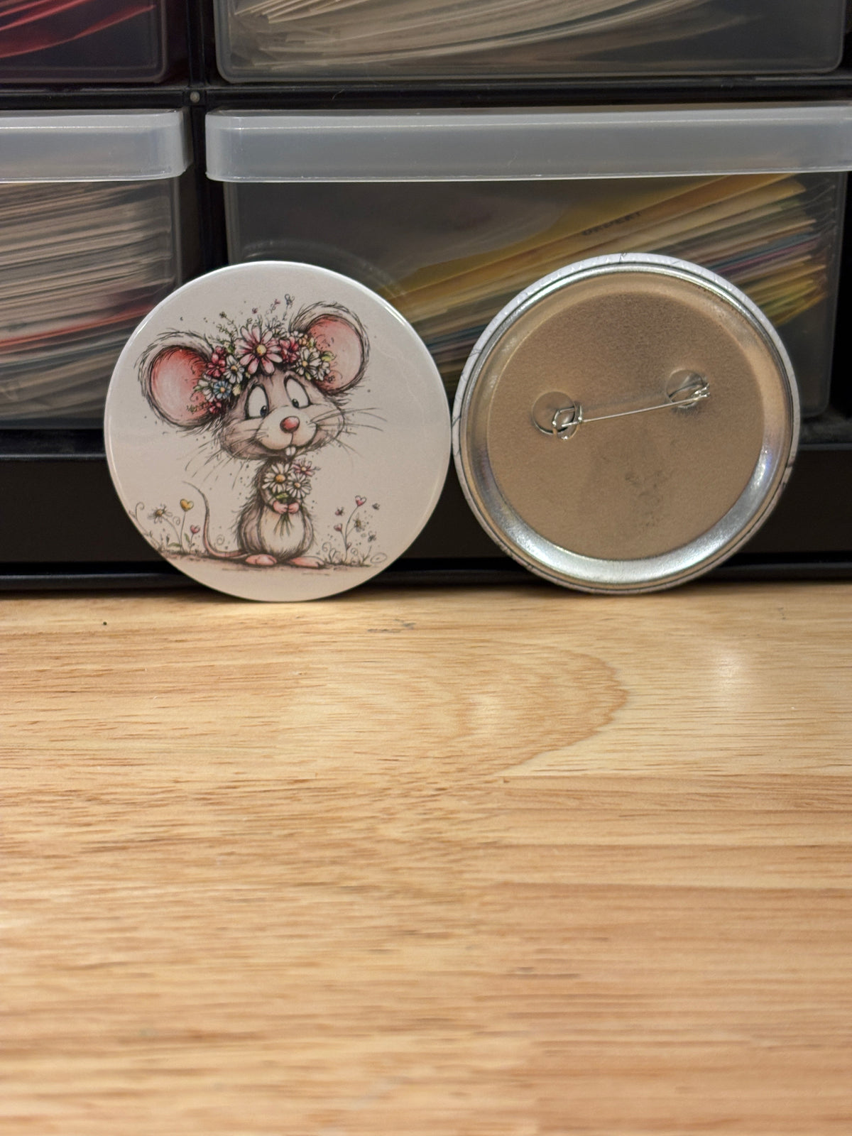 Mouse with Flowers 2.25" Button Pins or 1.25" Button options, Back Pack Decoration, Mouse Pin button, Flowers with Mouse Button Pin
