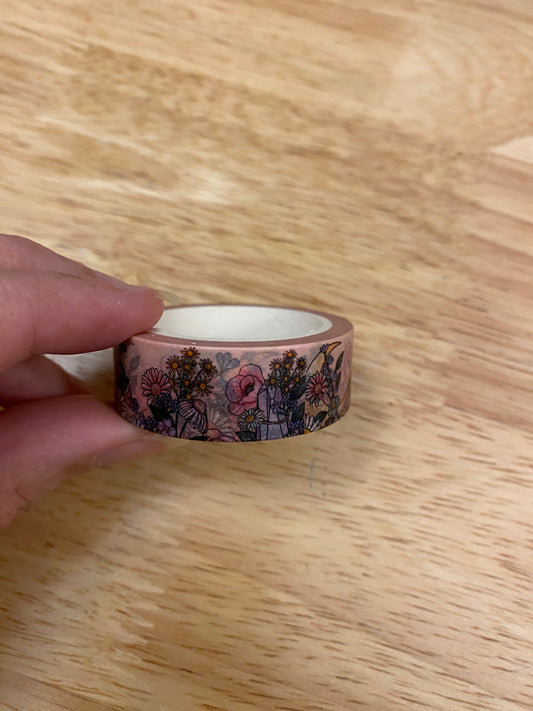 Big Roll of Pink Floral with Moon Washi Tape, Flower Washi Tape roll, Adhesive Masking Tapes, Pretty Flower Washi tape, Moon Flowers tape