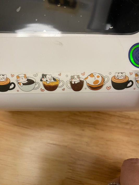 Brown Tea Cup Cats Washi Tape Big Roll, Cats with Tea Cup Washi Tape roll, Sample Washi Tape, Brown Tea Cup Cats Design Tape
