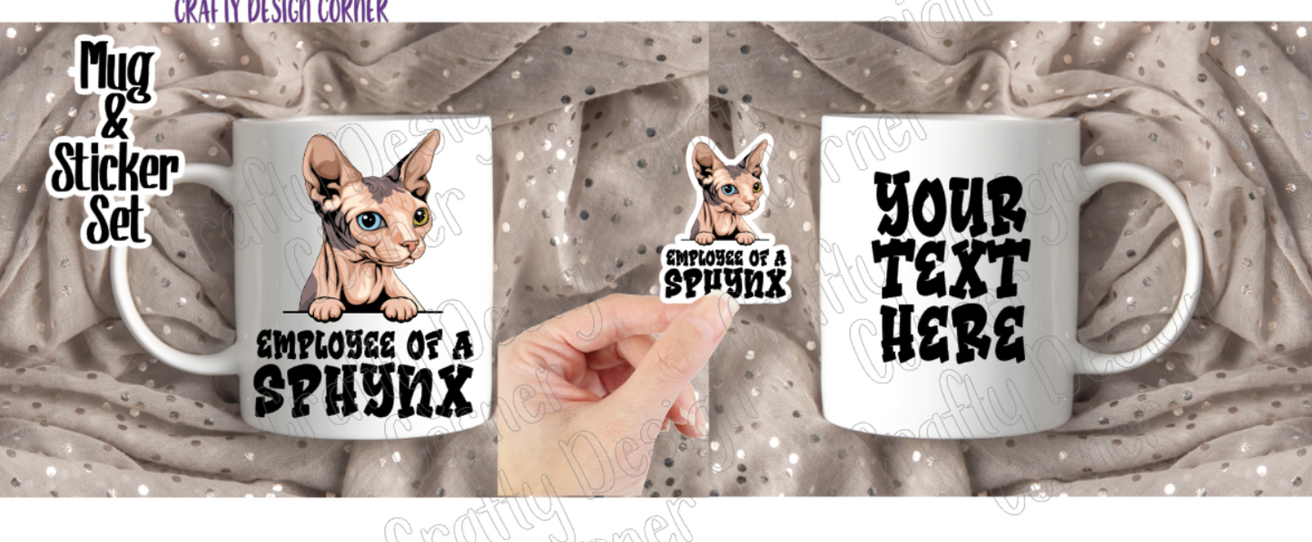 Odd Eyes Sphynx Cat Mug and sticker set, Employee of a Sphynx set, Sphynx Cat Mug and Sticker set, Sticker and Mug set, Sphynx Employee Mug