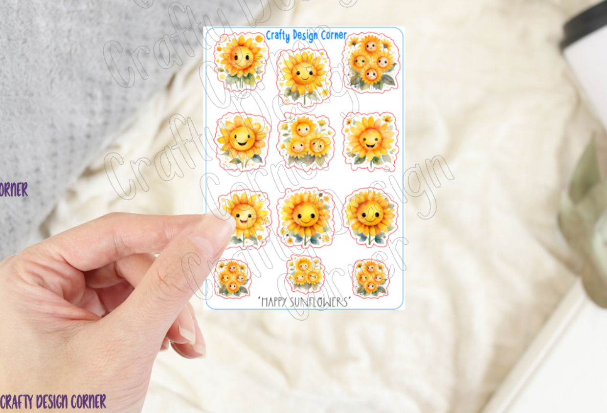Cute Yellow Sunflowers Stickers, Sunflower with faces Sticker, Sunflower sticker sheet