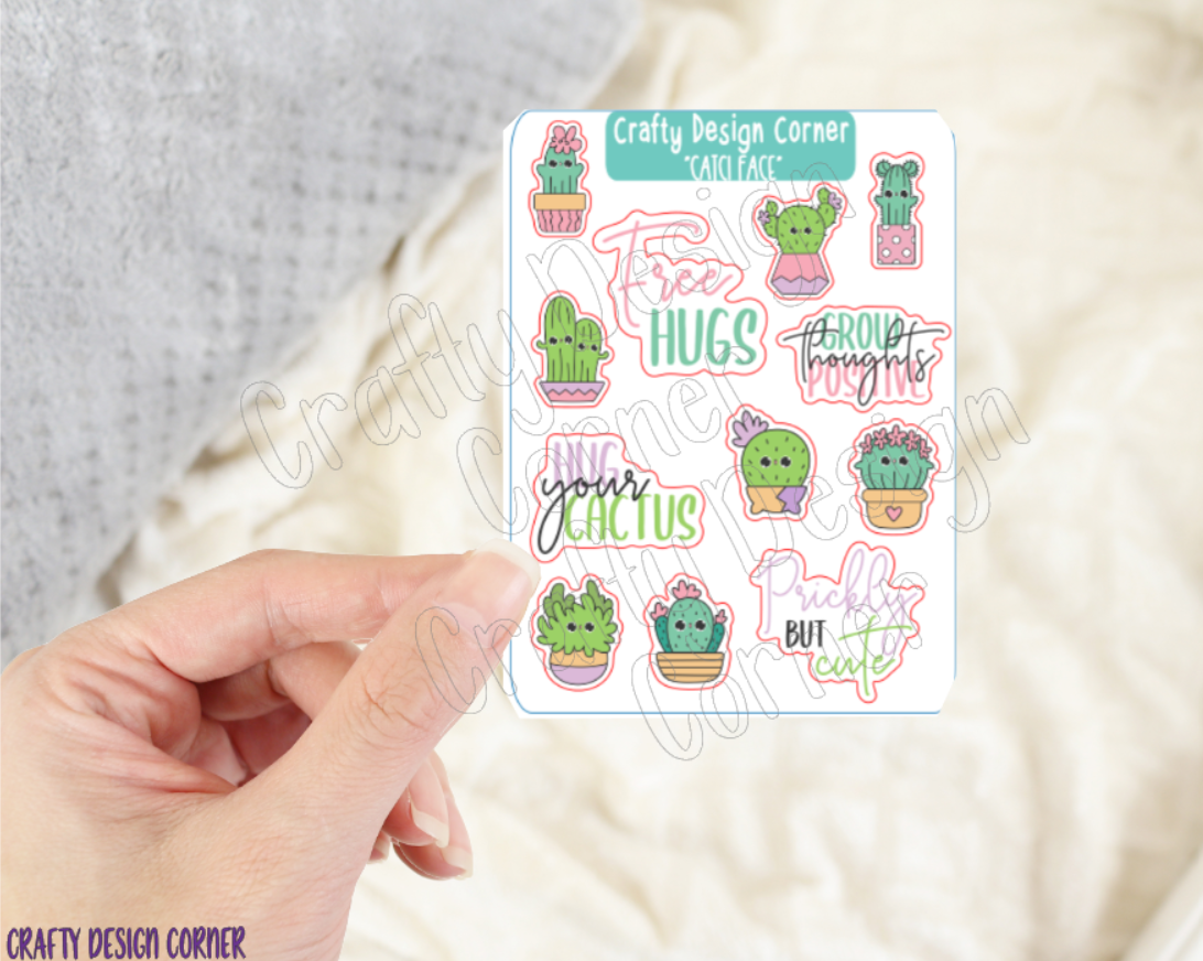 Cute Cacti Face Stickers Planner Sticker Sheet, Cactus Stickers, Kawaii Cactus Sticker Sheet