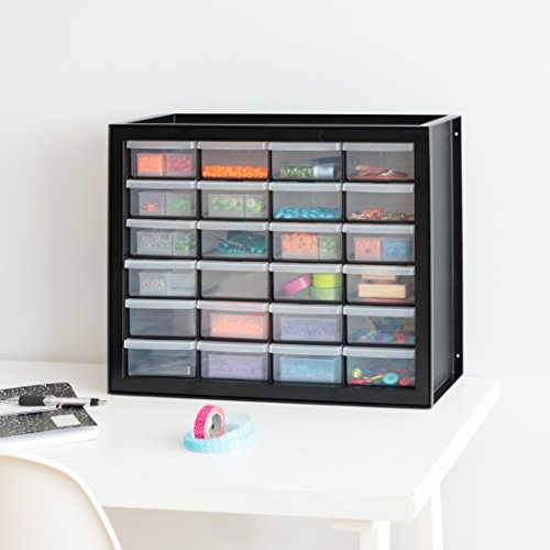 IRIS USA 24 Drawer Stackable Storage Cabinet for Hardware Parts Crafts and Toys, 19.5-Inch W x 7-Inch D x 15.5-Inch H, Black - Small Brick Organizer Utility Chest, Scrapbook Hobby Multiple Compartment
