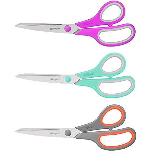 Scissors, iBayam 8" Multipurpose Scissors Bulk 3-Pack, Ultra Sharp Blade Shears, Comfort-Grip Handles, Sturdy Sharp Scissors for Office Home School Sewing Fabric Craft Supplies, Right / Left Handed