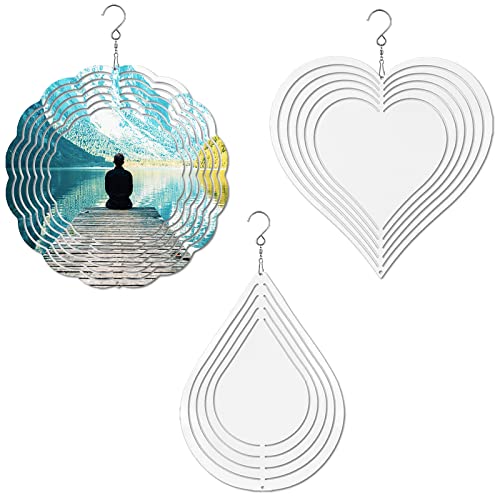 3 Pack Sublimation Wind Spinner Blanks, Aluminum Blank Wind Spinners Wind Kinetic Sculptures with Drop Flower Heart Shape, Double Sided DIY Craft Ornaments Hanging Decor for Garden Window Yard
