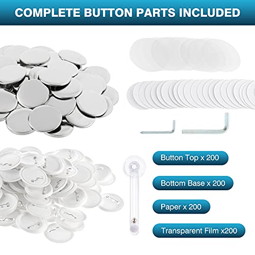 IRONWALLS Button Pin Maker Machine 32mm/1-1/4 Inch, Installation Free Badge Button Maker Machine with 200PCS Blank Round Pin-Back Button Parts & 1PC Circle Cutter, Badge Pin Press Punch for DIY