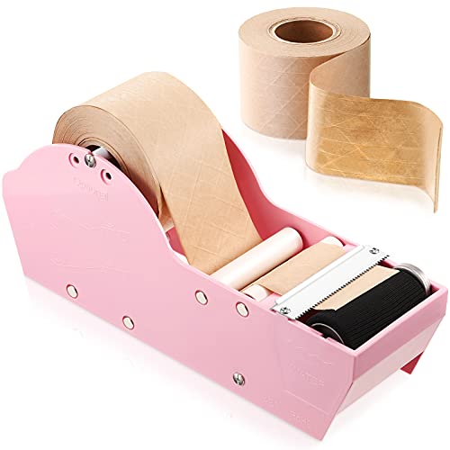 Water Activated Paper Tape Dispenser with Gummed Paper Tape,2.75 Inch x 148 Feet Wet Gummed Kraft Paper Tape Fiberglass Reinforced Sealing Tape for Packaging, Shipping, Mailing (Pink)