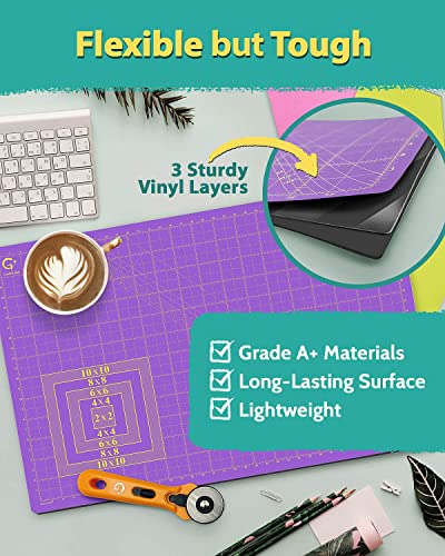 G+ Self-Healing Cutting Mat, True A3 12 x 18" (13 x 19"Full) Purple/Black Eco-Friendly Double-Sided 3-Ply Craft Cutting Board for Sewing Fabric Crafts Hobby Scrapbooking and All Arts Projects