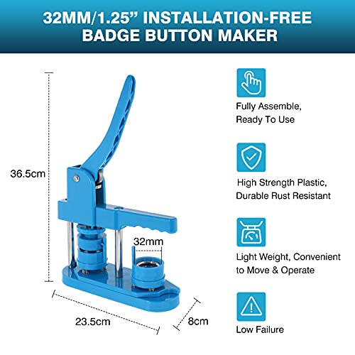 IRONWALLS Button Pin Maker Machine 32mm/1-1/4 Inch, Installation Free Badge Button Maker Machine with 200PCS Blank Round Pin-Back Button Parts & 1PC Circle Cutter, Badge Pin Press Punch for DIY