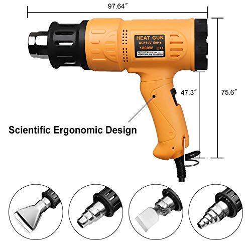 SEEKONE Heat Gun 1800W 122℉~1202℉(50℃- 650℃) Fast Heating Heavy Duty Hot Air Gun Kit Variable Temperature Control Overload Protection with 4 Nozzles for Crafts, Shrinking PVC, Stripping Paint(5.2FT)