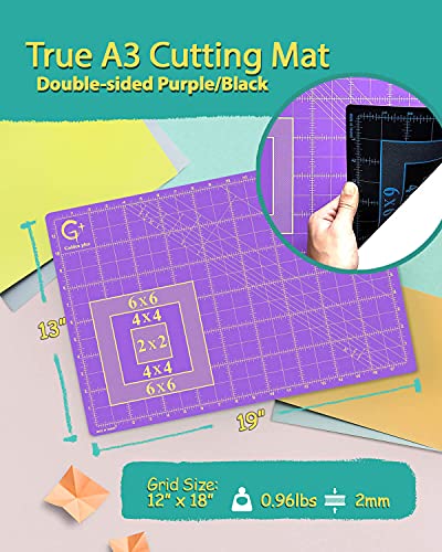 G+ Self-Healing Cutting Mat, True A3 12 x 18" (13 x 19"Full) Purple/Black Eco-Friendly Double-Sided 3-Ply Craft Cutting Board for Sewing Fabric Crafts Hobby Scrapbooking and All Arts Projects