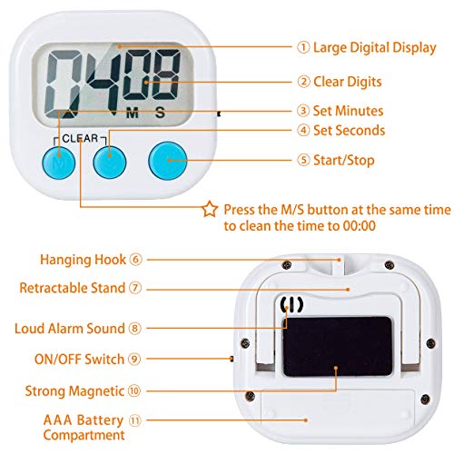 2 Pack Digital Kitchen Timer for Cooking Big Digits Loud Alarm Magnetic Backing Stand Cooking Timers for Baking White