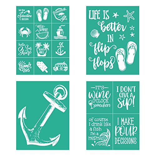 BOOLOOEN Self Adhesive Screen Printing,Stencils Mesh Transfer Stencils - Reusable Logo Stencils Screen Printing Stencil Patterns for DIY Painting T-Shirts, Pillows (Summer Beach 4PC)