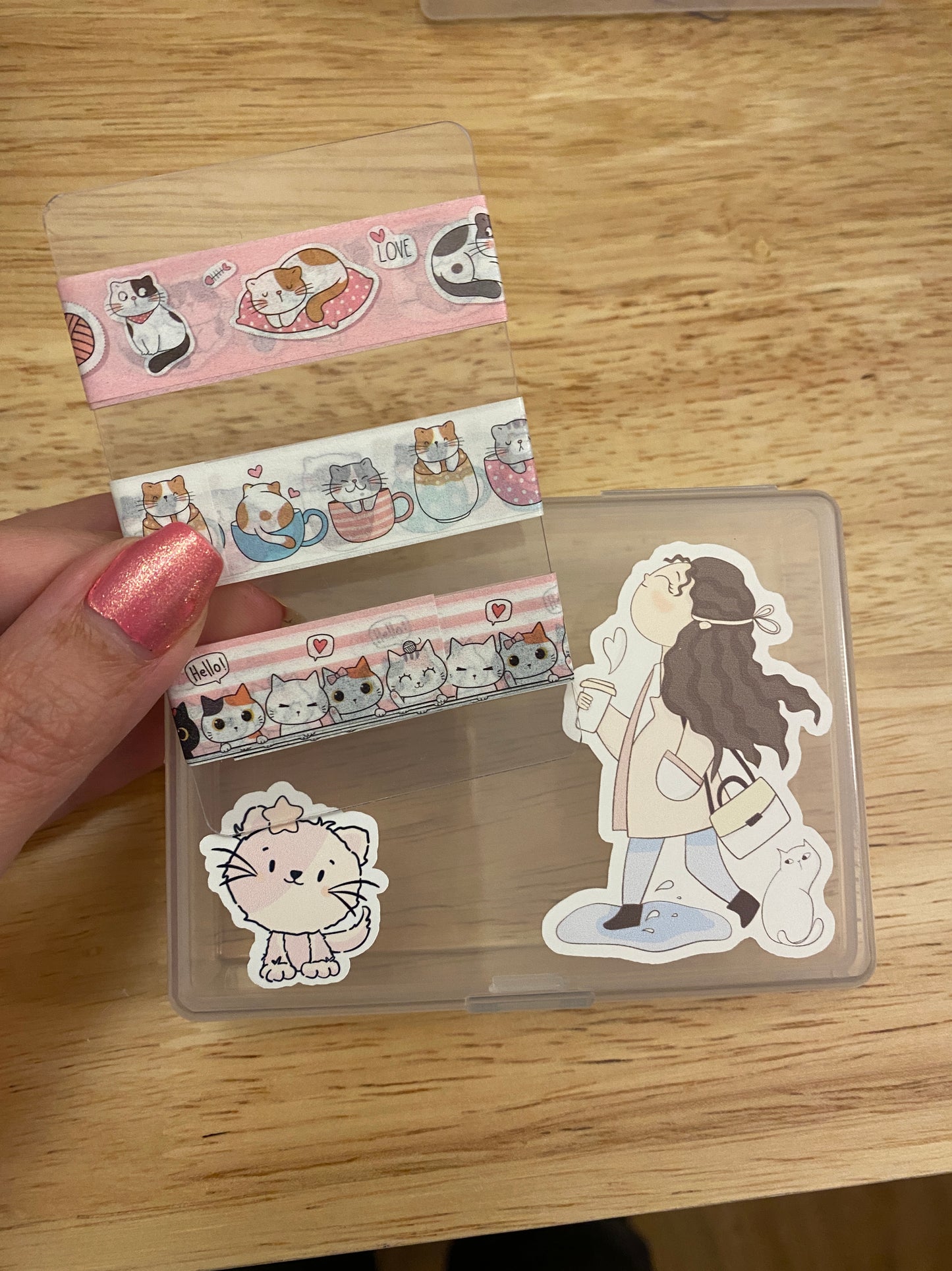 3 Washi Tape Samples with Storage Box Set Decorated with Cat Lady and Extra Cards