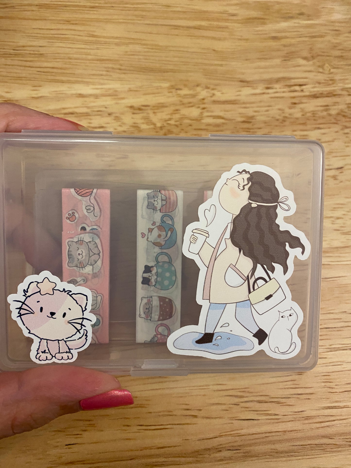 3 Washi Tape Samples with Storage Box Set Decorated with Cat Lady and Extra Cards