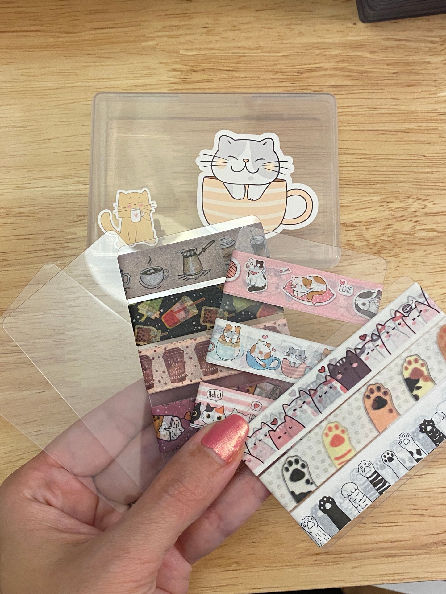 10 Washi Tape Samples with Storage Box Set Decorated with Teacup Cat and 2 Extra Blank Cards