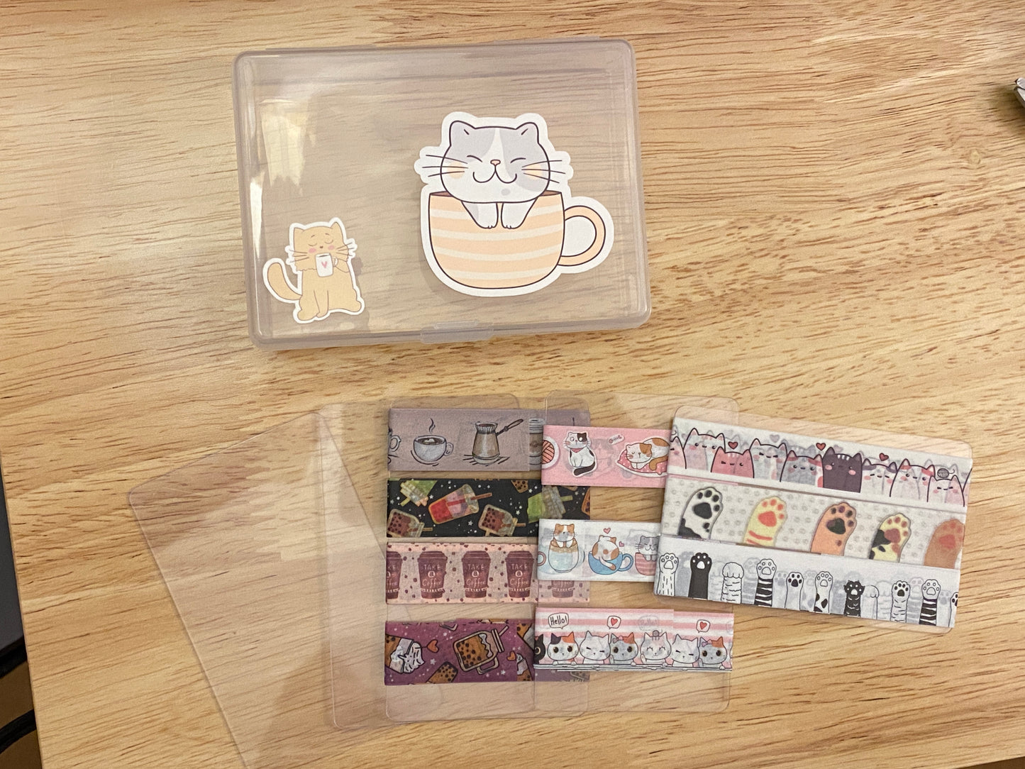10 Washi Tape Samples with Storage Box Set Decorated with Teacup Cat and 2 Extra Blank Cards