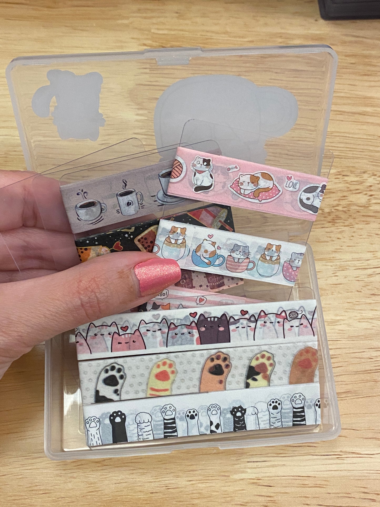 10 Washi Tape Samples with Storage Box Set Decorated with Teacup Cat and 2 Extra Blank Cards