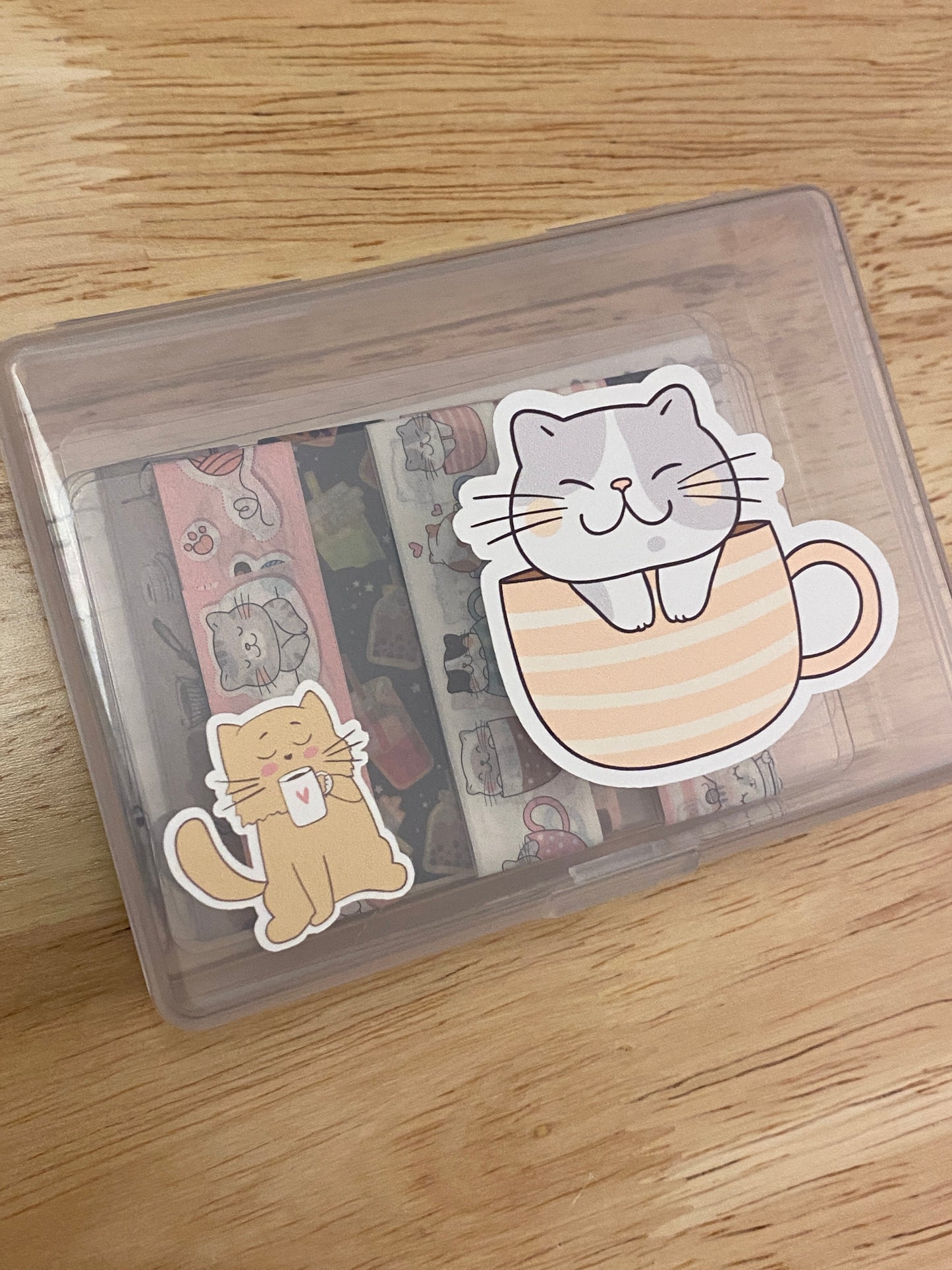 10 Washi Tape Samples with Storage Box Set Decorated with Teacup Cat and 2 Extra Blank Cards