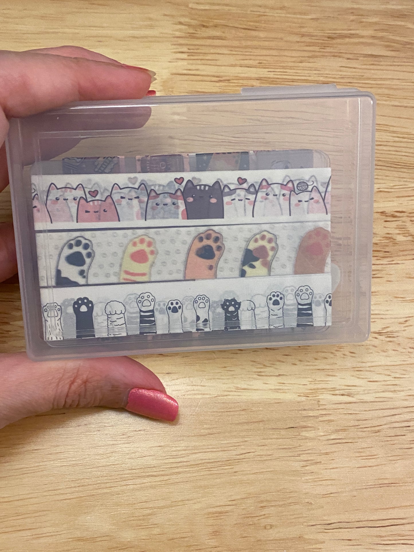 10 Washi Tape Samples with Storage Box Set Decorated with Teacup Cat and 2 Extra Blank Cards