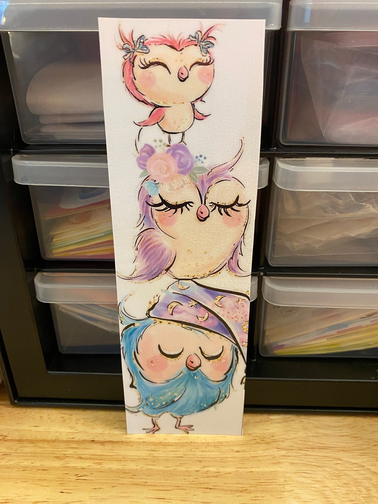 Double Sided Owl Family with Roses Bookmark