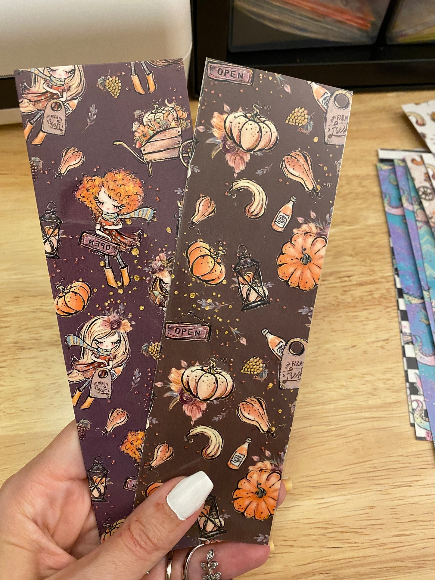 Double Sided Fall Girl with Autumn Leaves Bookmark