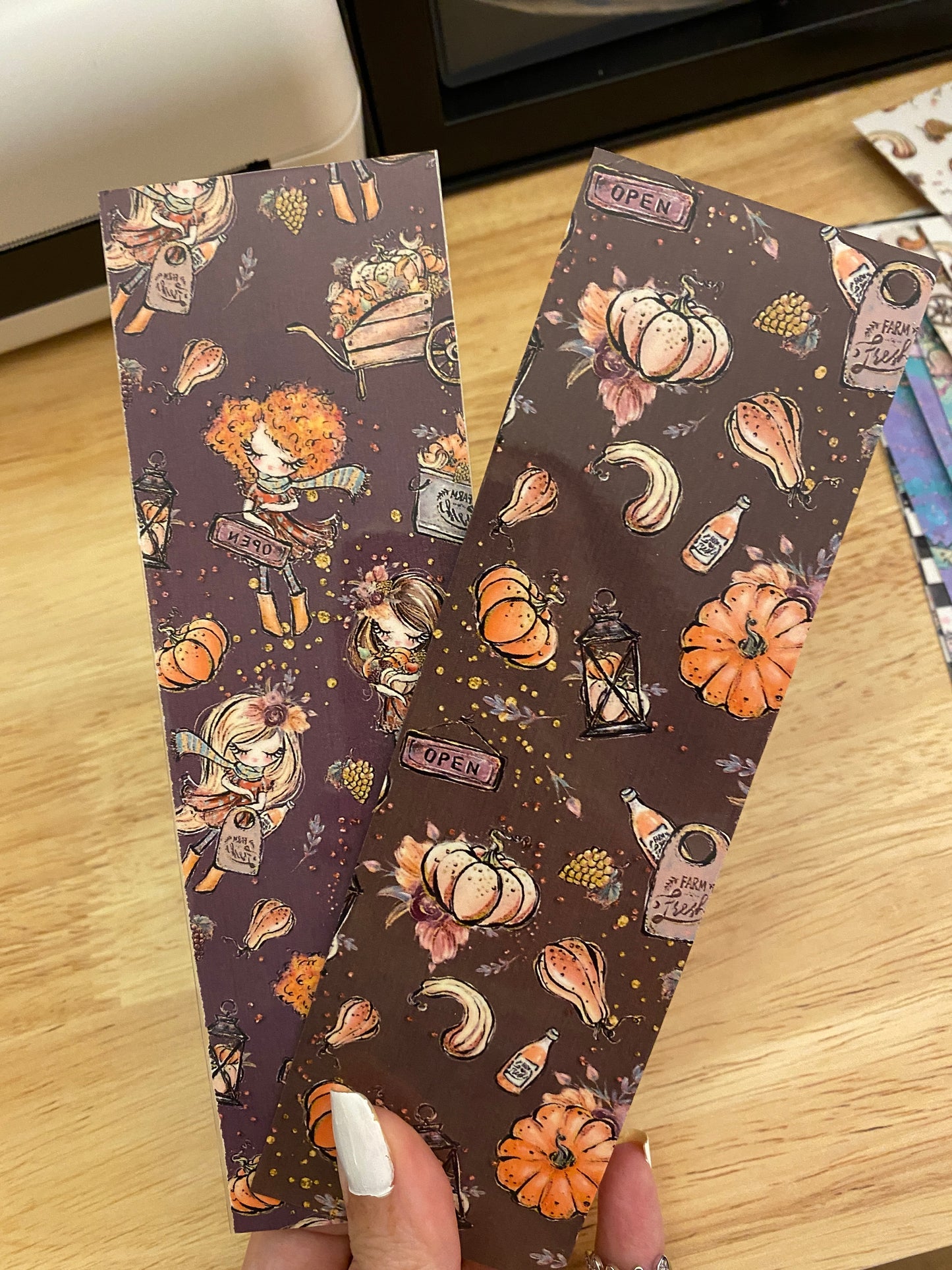 Double Sided Fall Girl with Autumn Leaves Bookmark