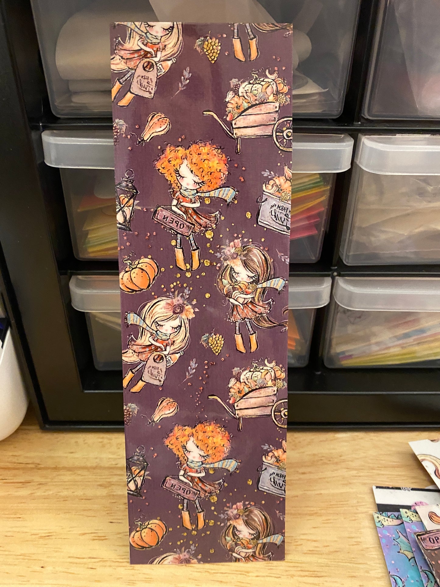 Double Sided Fall Girl with Autumn Leaves Bookmark