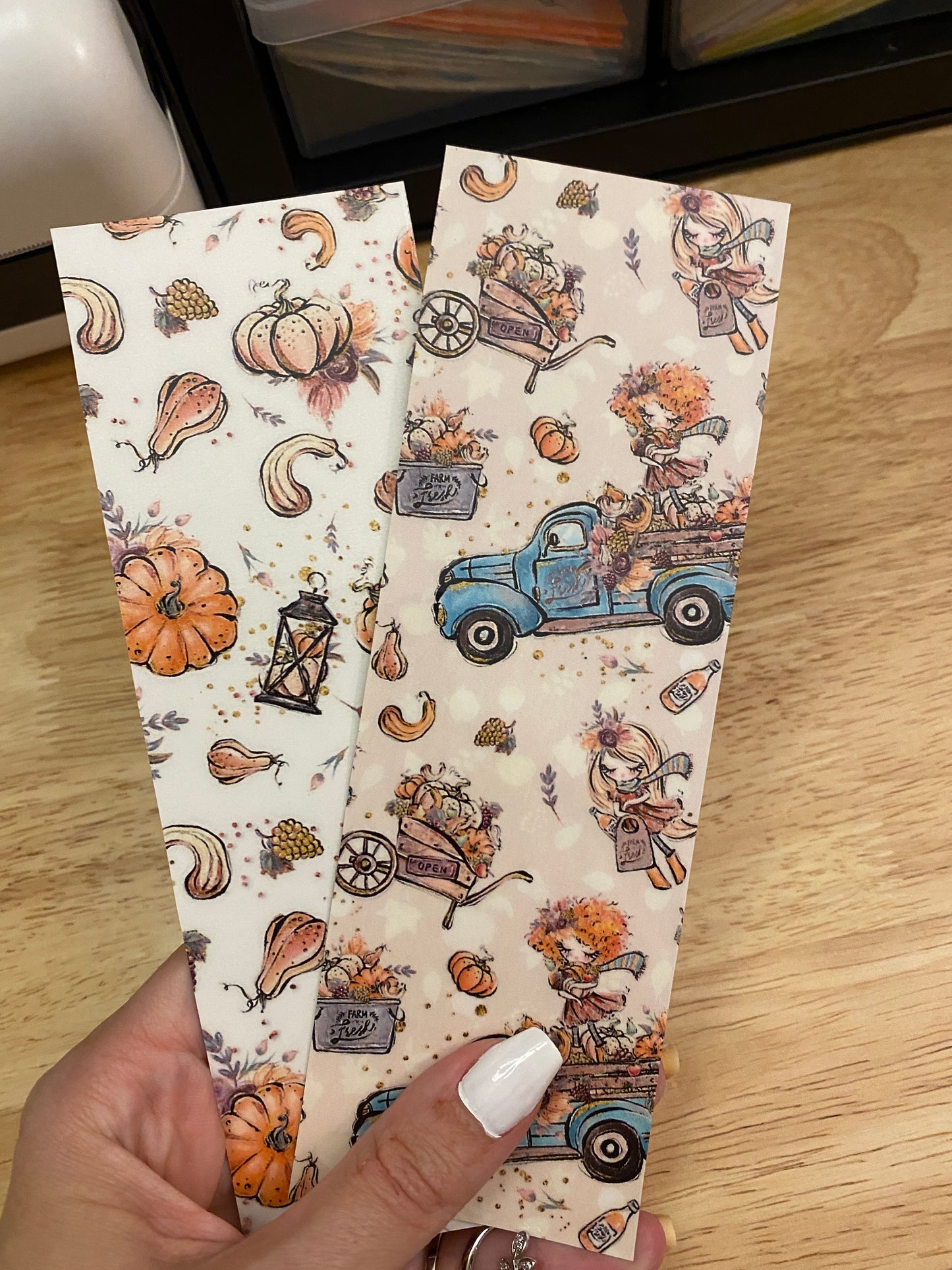 Double Sided Fall Girl with Blue Truck and Autumn Leaves Bookmark