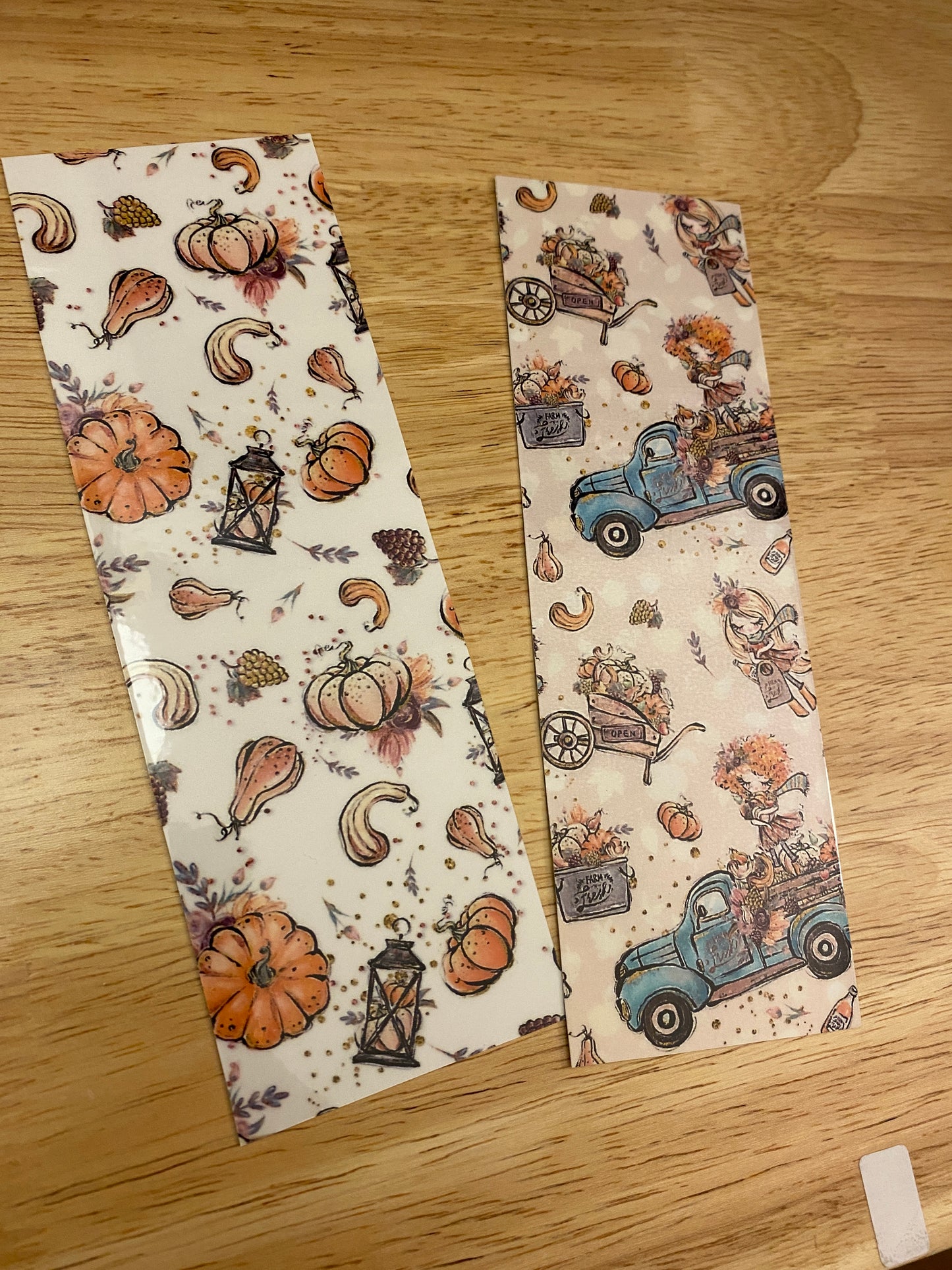 Double Sided Fall Girl with Blue Truck and Autumn Leaves Bookmark