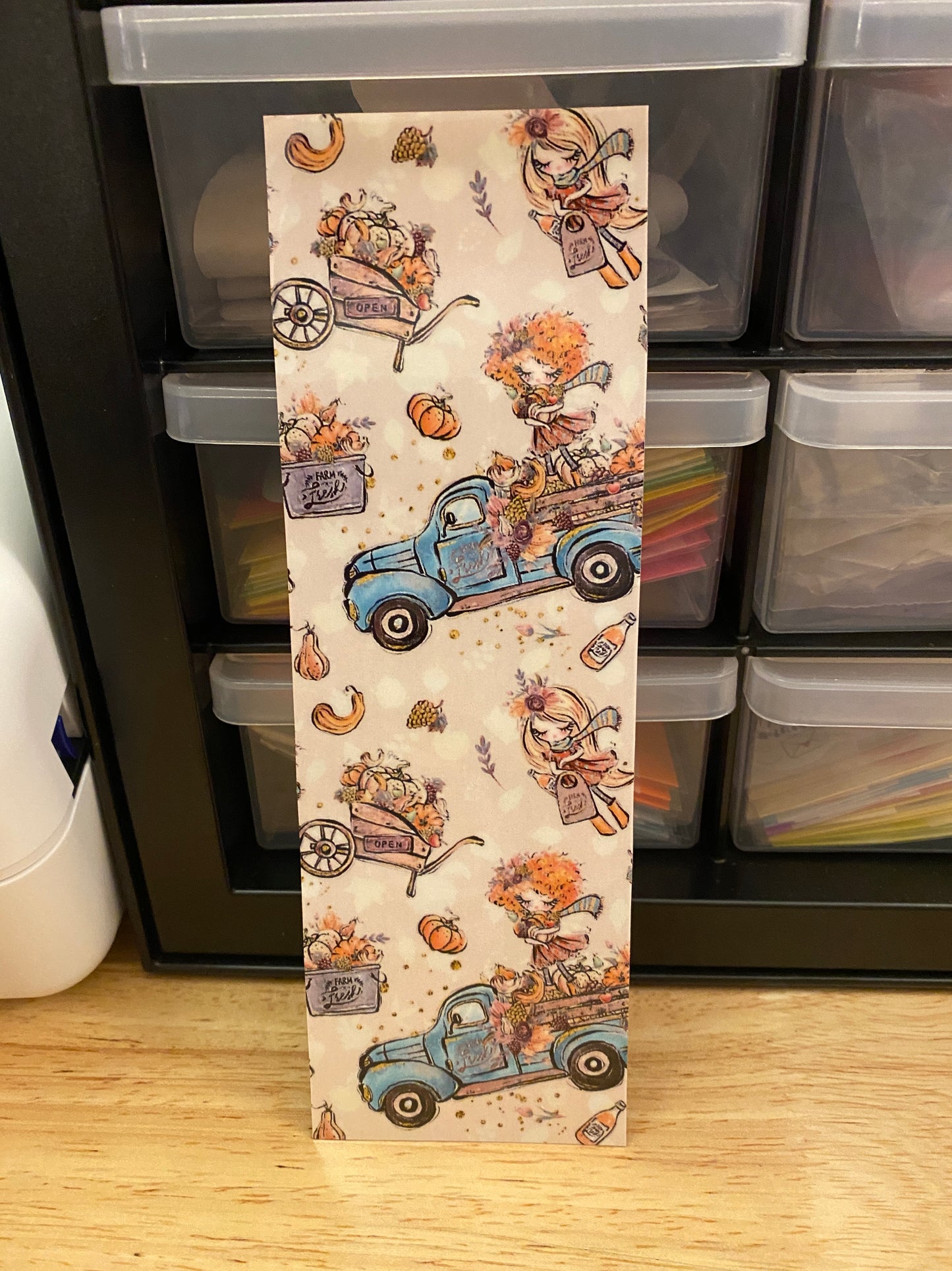 Double Sided Fall Girl with Blue Truck and Autumn Leaves Bookmark
