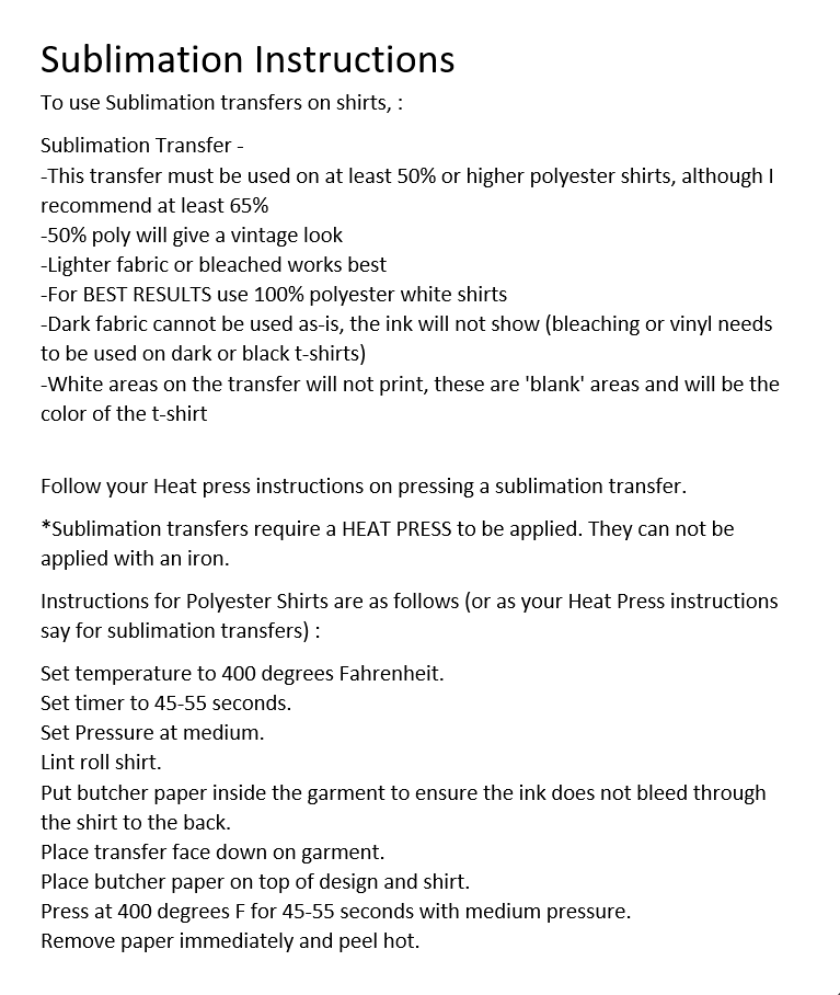 Instructions on Sublimation Transfers