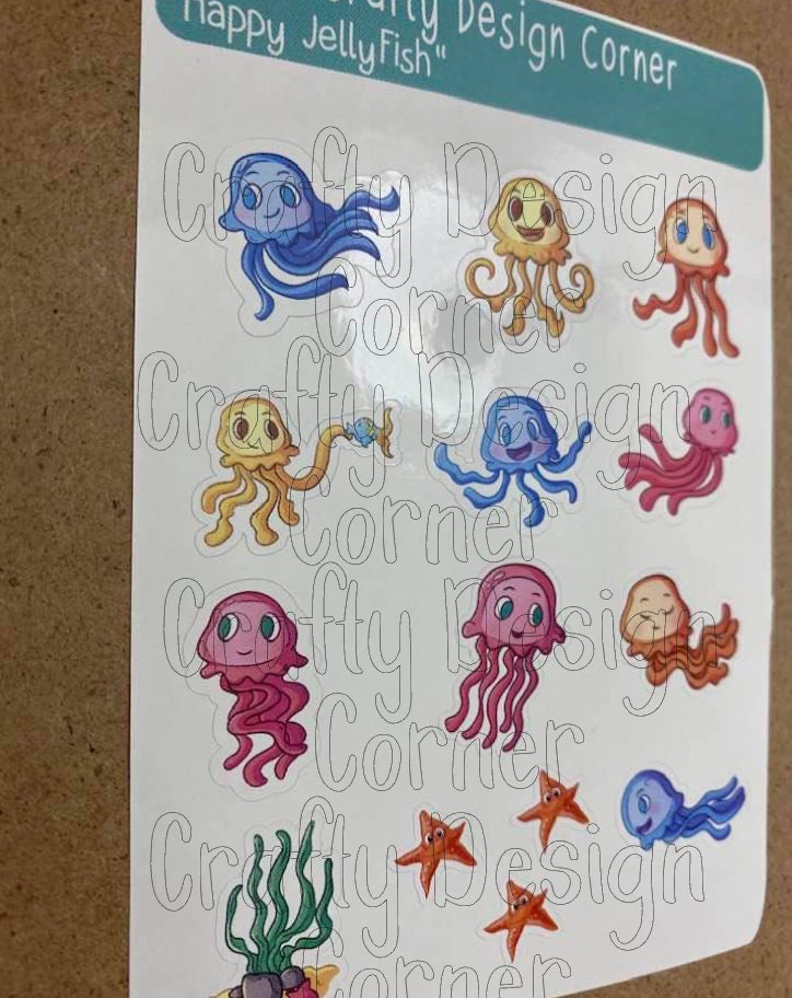 1" of Happy JellyFish Sticker Sheet, Cute Kawaii Jelly Fish Stickers