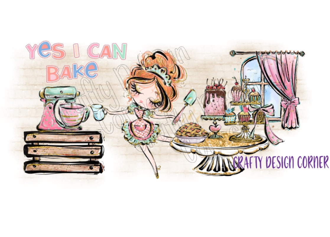 Cute Red Headed Baker Clipart Yes I can Bake Design JPEG/PNG DIGITAL Download